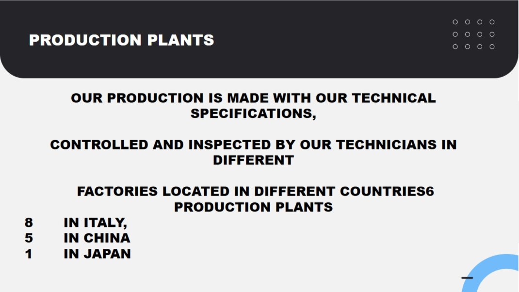 Italy: 8 production Plants<br />China: 5 production Plants<br /> Japan: 1 production Plants